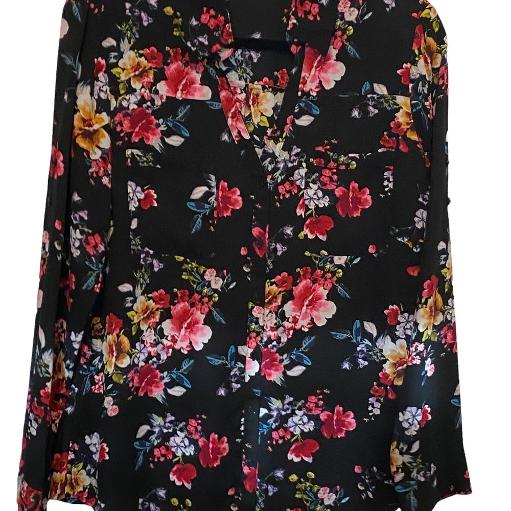 Pre-owned Express Black Floral Print Portofino Slim Fit Blouse Size L - Picture 2 of 6